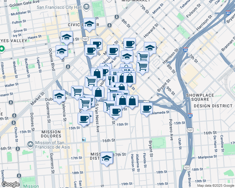 map of restaurants, bars, coffee shops, grocery stores, and more near in San Francisco