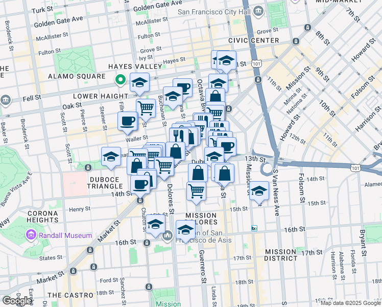 map of restaurants, bars, coffee shops, grocery stores, and more near in San Francisco