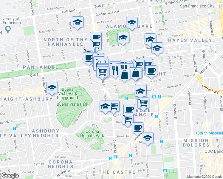 map of restaurants, bars, coffee shops, grocery stores, and more near 62 Lloyd Street in San Francisco
