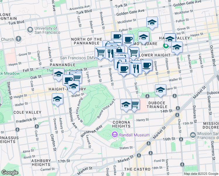 map of restaurants, bars, coffee shops, grocery stores, and more near 101 Buena Vista Avenue East in San Francisco
