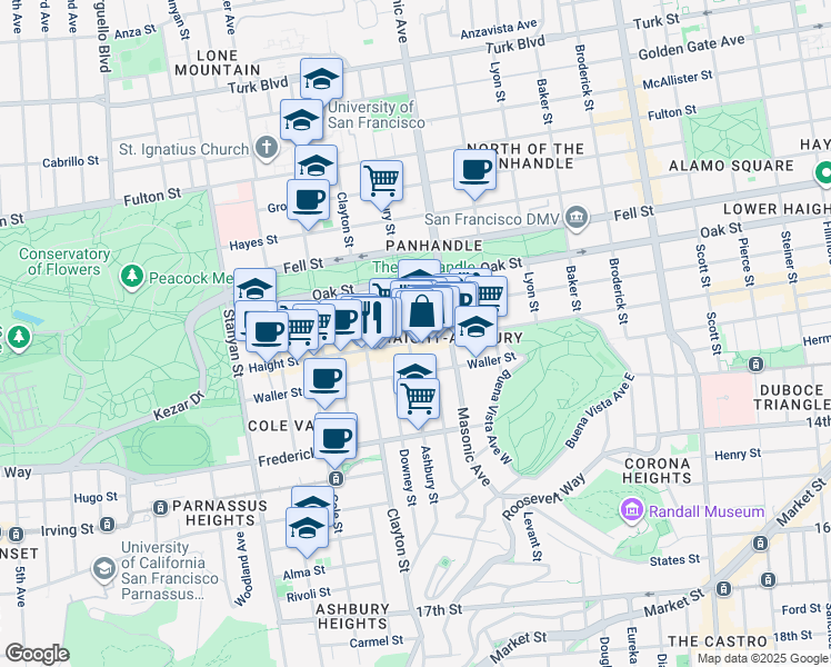 map of restaurants, bars, coffee shops, grocery stores, and more near 1465 Haight Street in San Francisco