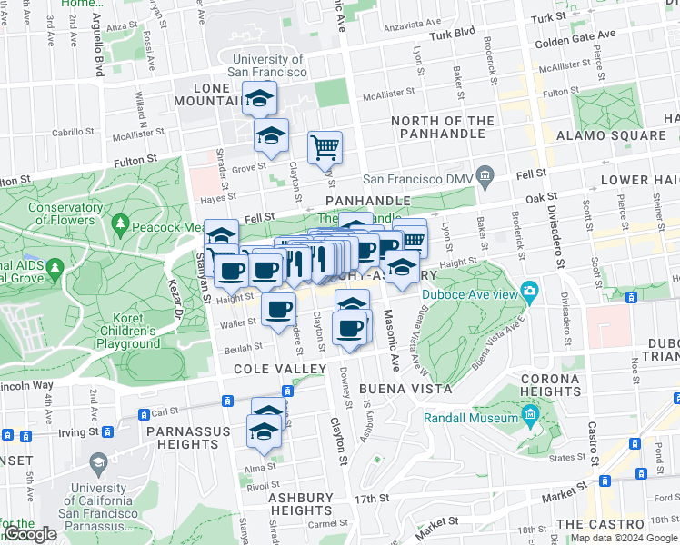 map of restaurants, bars, coffee shops, grocery stores, and more near 1556 Haight Street in San Francisco