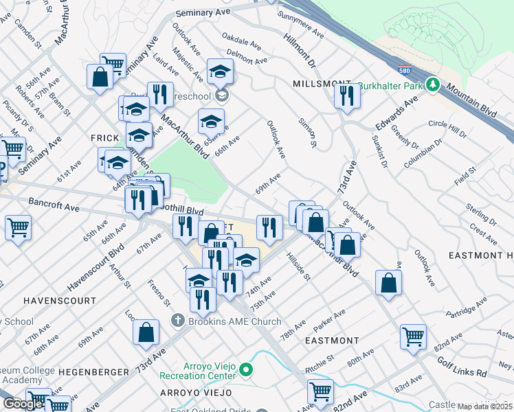 map of restaurants, bars, coffee shops, grocery stores, and more near 6921 MacArthur Boulevard in Oakland