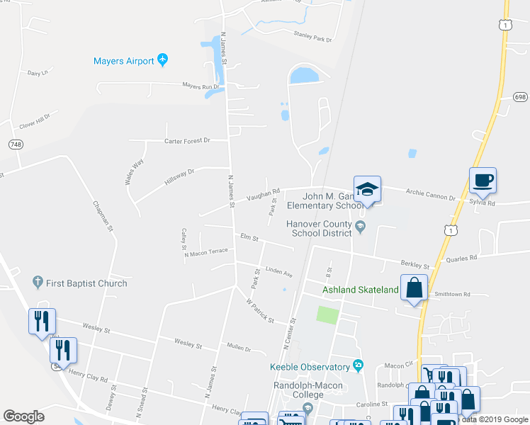 map of restaurants, bars, coffee shops, grocery stores, and more near 708 Park Street in Ashland