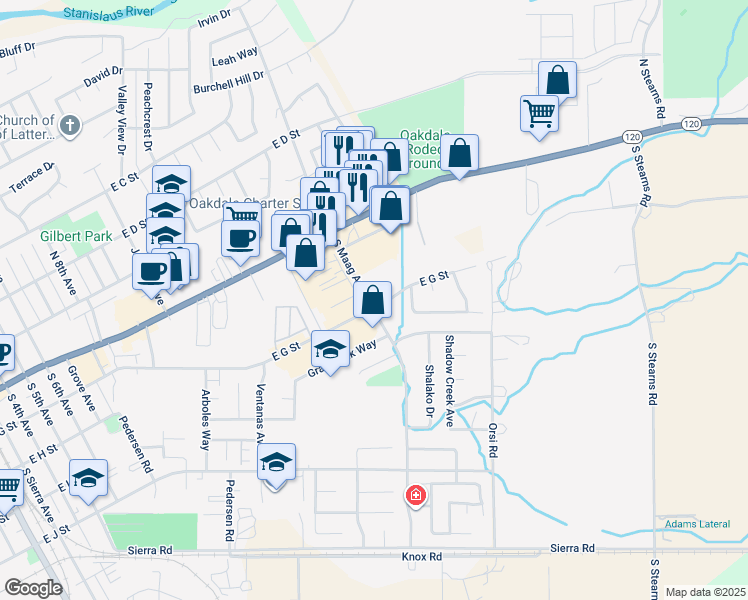 map of restaurants, bars, coffee shops, grocery stores, and more near 185 South Maag Avenue in Oakdale