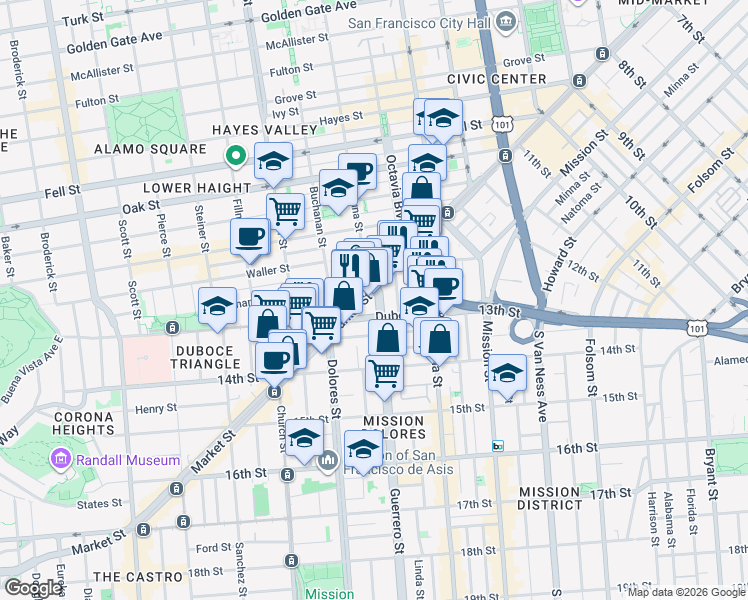 map of restaurants, bars, coffee shops, grocery stores, and more near in San Francisco