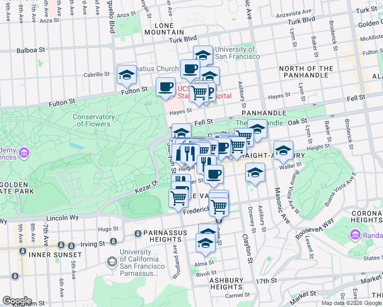 map of restaurants, bars, coffee shops, grocery stores, and more near Page St & Shrader St in San Francisco