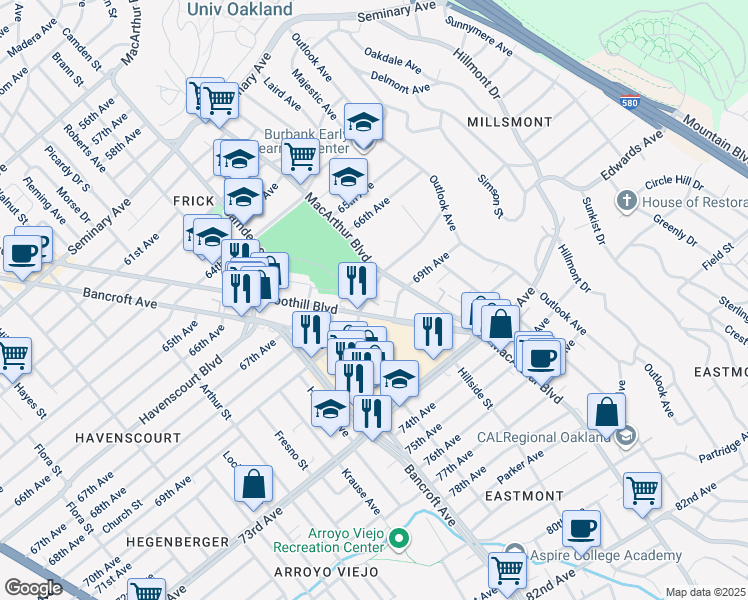 map of restaurants, bars, coffee shops, grocery stores, and more near 2928 68th Avenue in Oakland