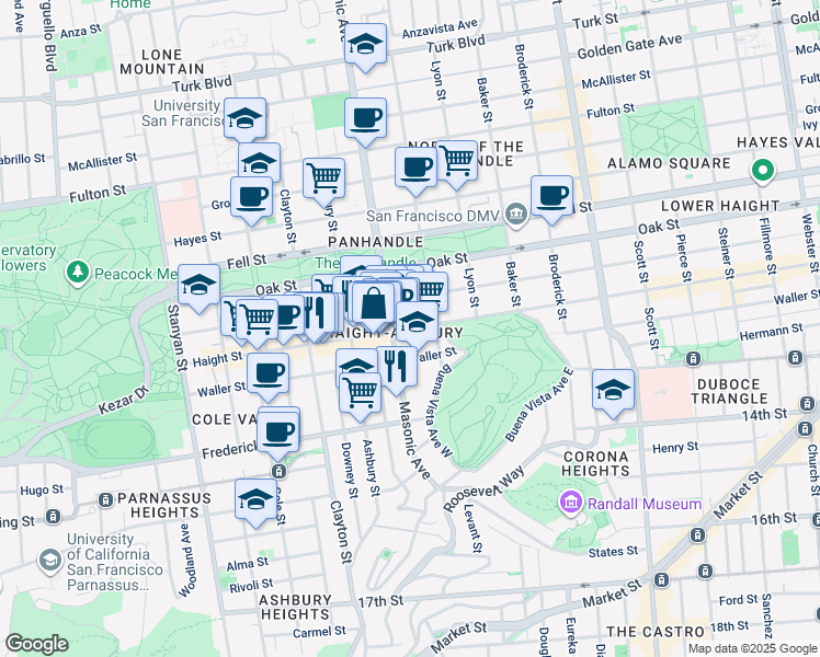 map of restaurants, bars, coffee shops, grocery stores, and more near 1362 Haight St in San Francisco
