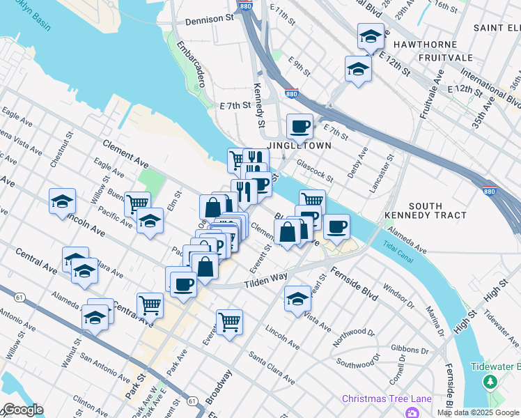 map of restaurants, bars, coffee shops, grocery stores, and more near 1909 Park Street in Alameda