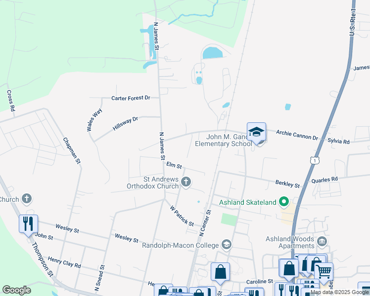 map of restaurants, bars, coffee shops, grocery stores, and more near 708 Park Street in Ashland