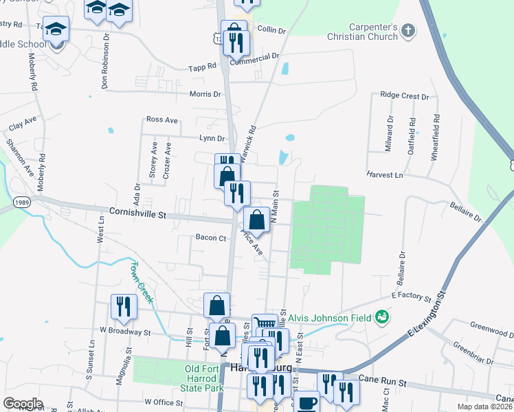 map of restaurants, bars, coffee shops, grocery stores, and more near 520 North Main Street in Harrodsburg