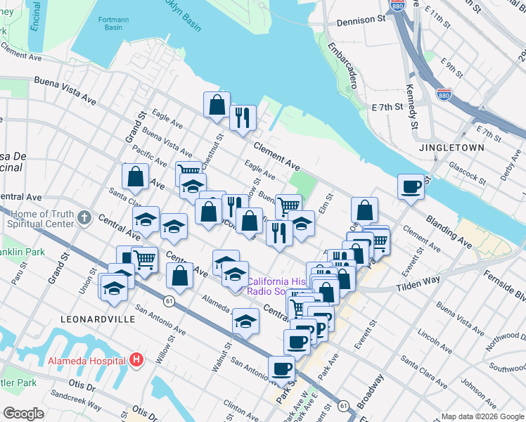 map of restaurants, bars, coffee shops, grocery stores, and more near 2118 Pacific Avenue in Alameda