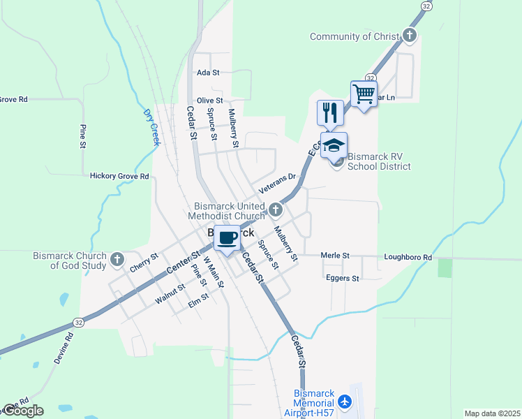 map of restaurants, bars, coffee shops, grocery stores, and more near 917 Mulberry Street in Bismarck