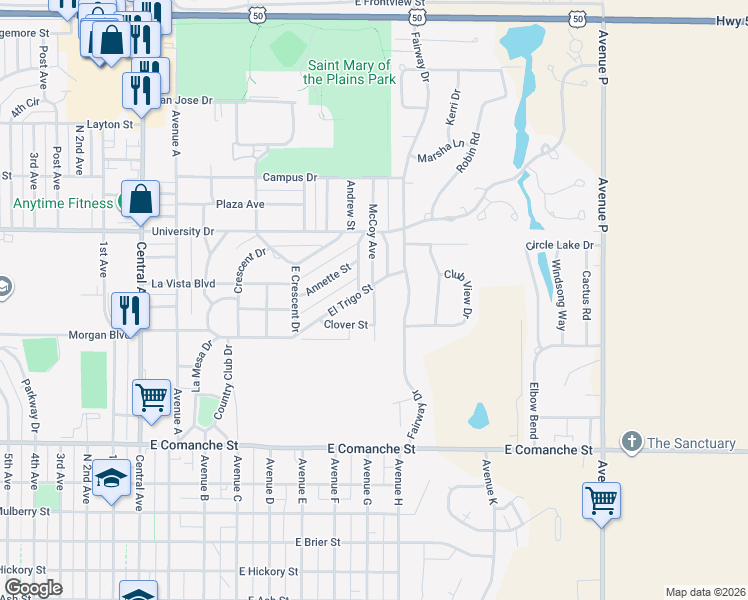 map of restaurants, bars, coffee shops, grocery stores, and more near East Lane Avenue in Dodge City