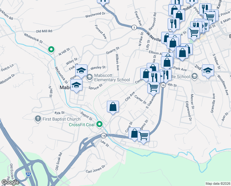 map of restaurants, bars, coffee shops, grocery stores, and more near 209 Ridge Avenue in Beckley