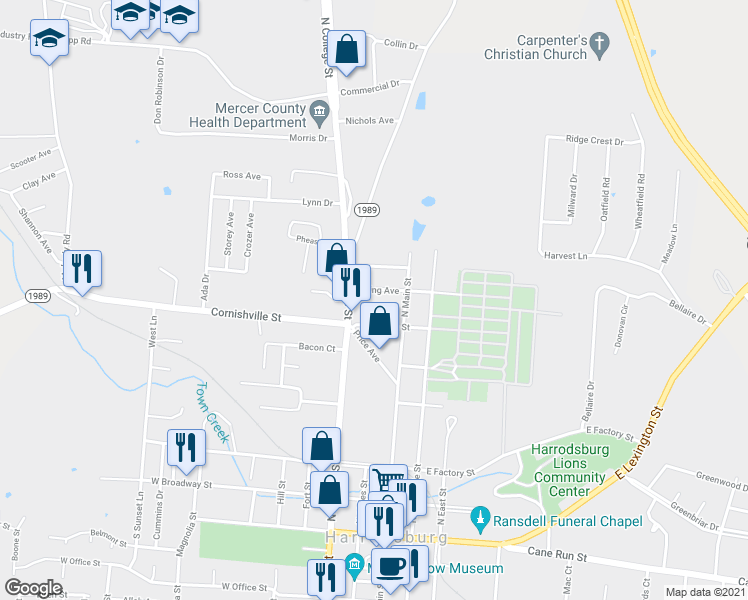 map of restaurants, bars, coffee shops, grocery stores, and more near 116 Ewing Avenue in Harrodsburg