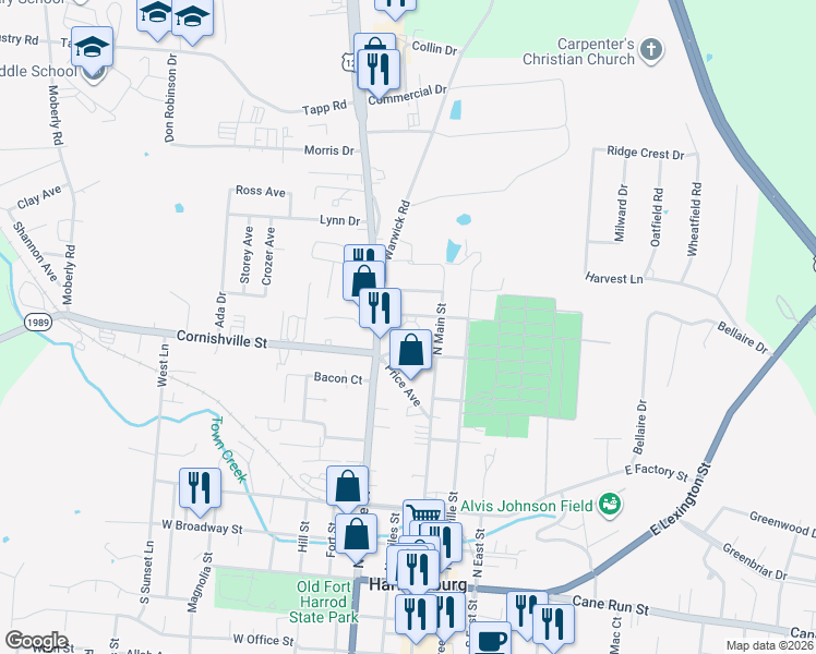 map of restaurants, bars, coffee shops, grocery stores, and more near 520 North Main Street in Harrodsburg