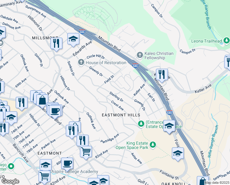 map of restaurants, bars, coffee shops, grocery stores, and more near 7807 Sterling Drive in Oakland