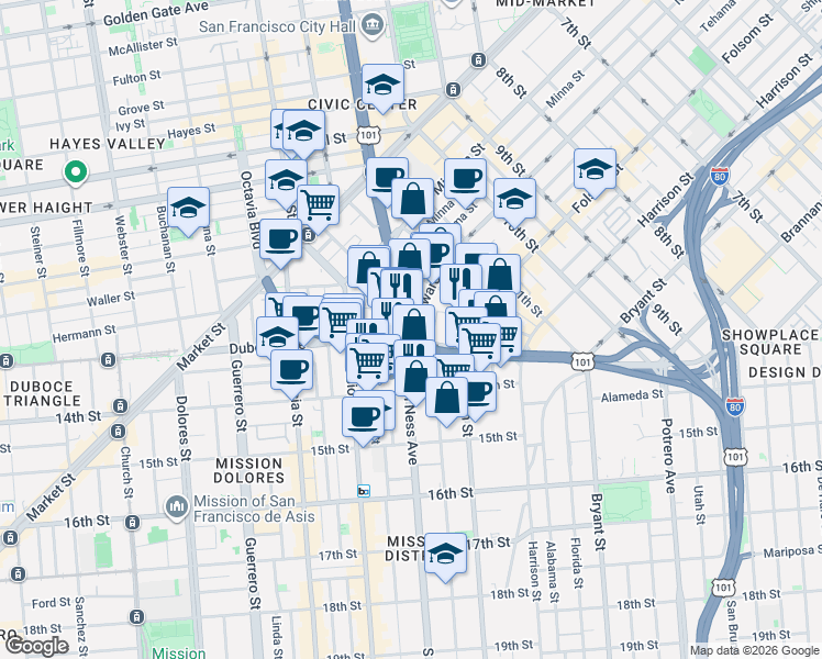 map of restaurants, bars, coffee shops, grocery stores, and more near 224 South Van Ness Avenue in San Francisco