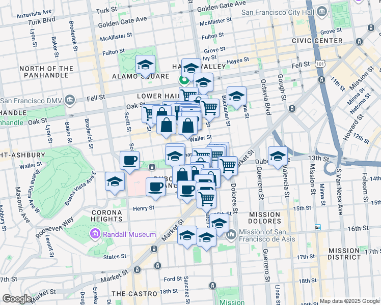 map of restaurants, bars, coffee shops, grocery stores, and more near 101 Fillmore Street in San Francisco