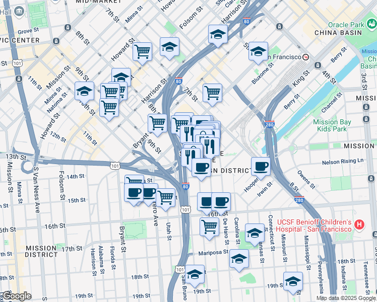 map of restaurants, bars, coffee shops, grocery stores, and more near 680 8th Street in San Francisco
