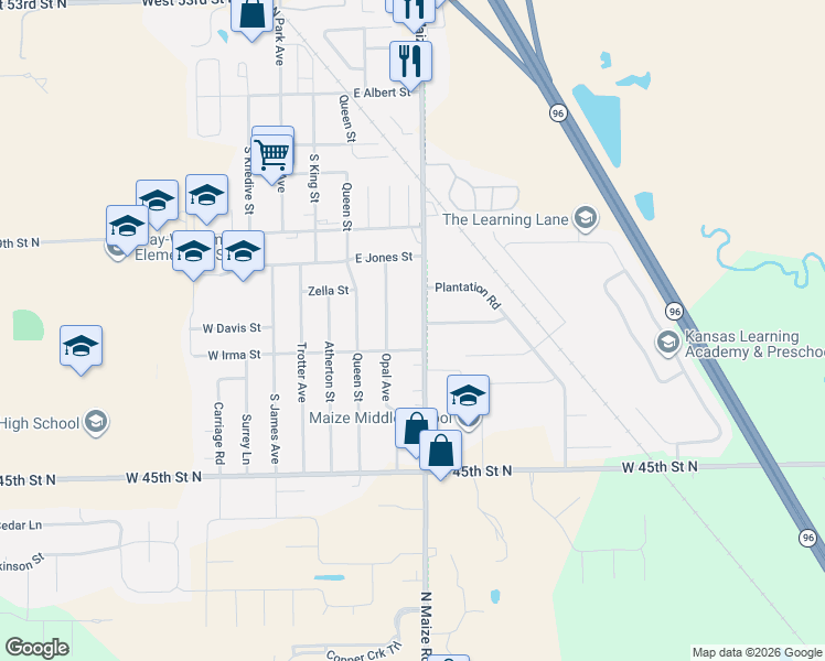 map of restaurants, bars, coffee shops, grocery stores, and more near 406 East Irma Street in Maize