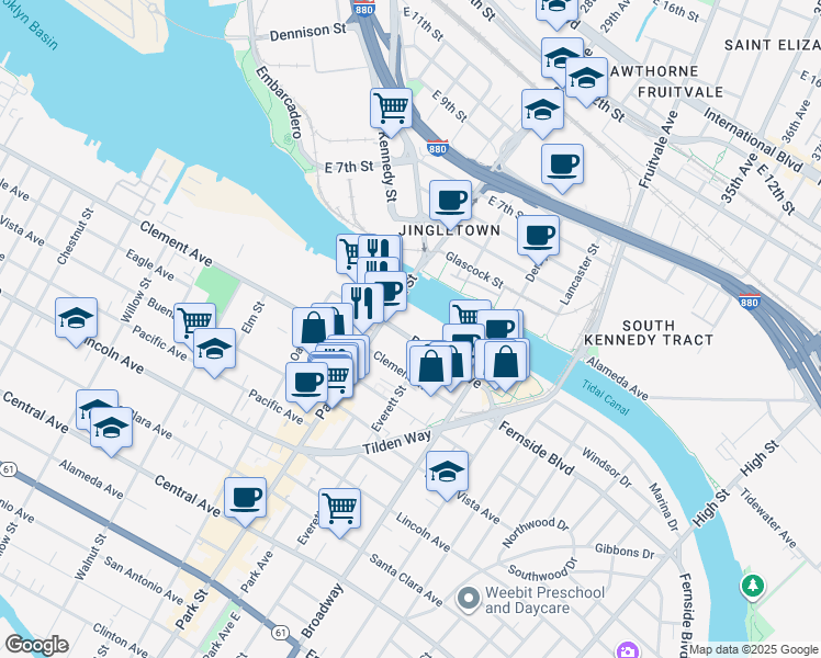 map of restaurants, bars, coffee shops, grocery stores, and more near 2417 Blanding Avenue in Alameda