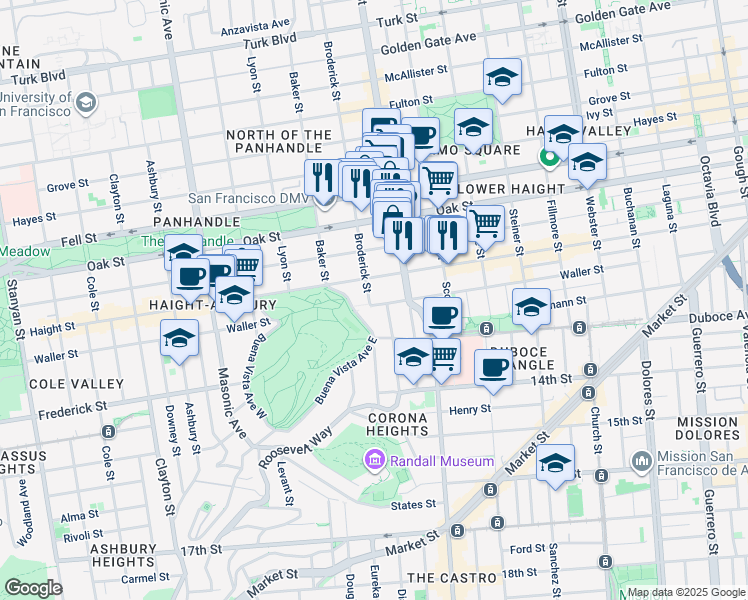 map of restaurants, bars, coffee shops, grocery stores, and more near 101 Buena Vista Avenue East in San Francisco
