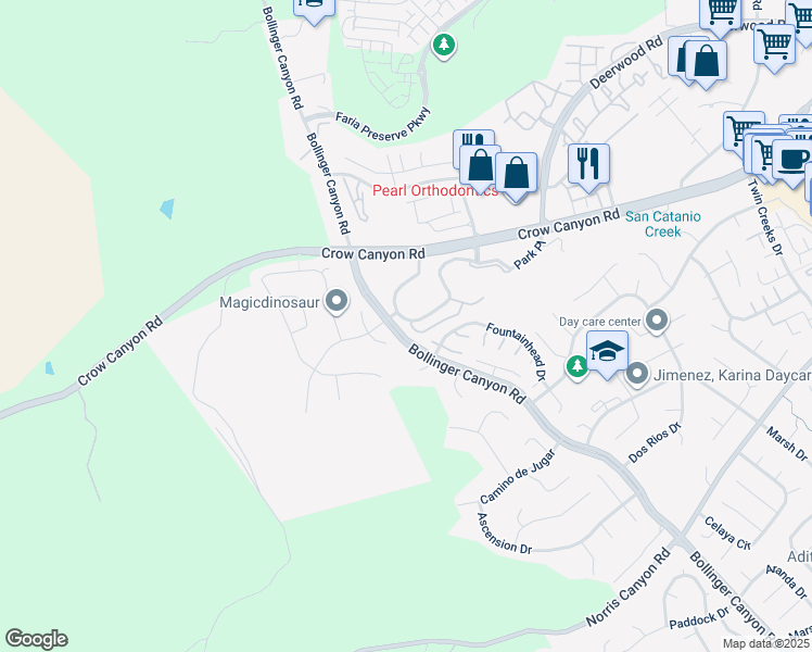 map of restaurants, bars, coffee shops, grocery stores, and more near 101 Enchanted Way in San Ramon