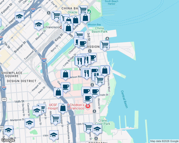 map of restaurants, bars, coffee shops, grocery stores, and more near 1450 3rd Street in San Francisco