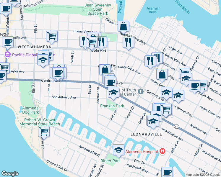 map of restaurants, bars, coffee shops, grocery stores, and more near 1203 Benton Street in Alameda