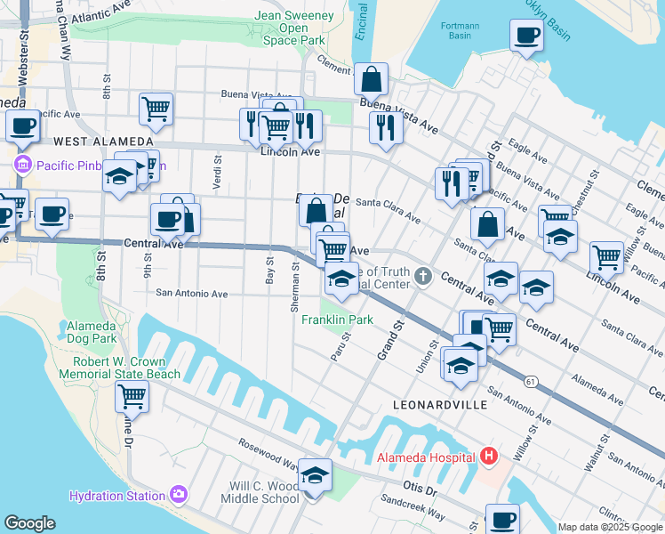 map of restaurants, bars, coffee shops, grocery stores, and more near 1203 Benton Street in Alameda