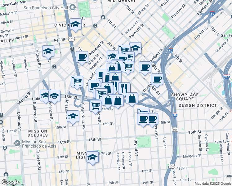 map of restaurants, bars, coffee shops, grocery stores, and more near 396 12th Street in San Francisco
