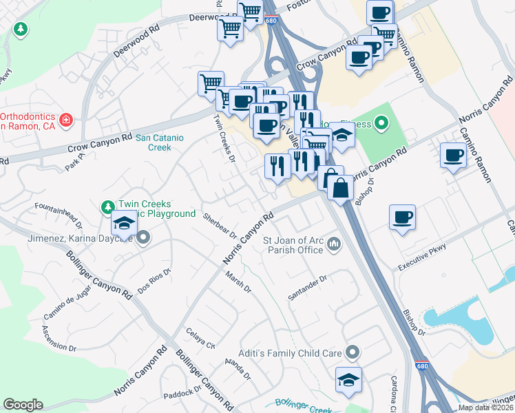 map of restaurants, bars, coffee shops, grocery stores, and more near 2662 Meadow Glen Drive in San Ramon