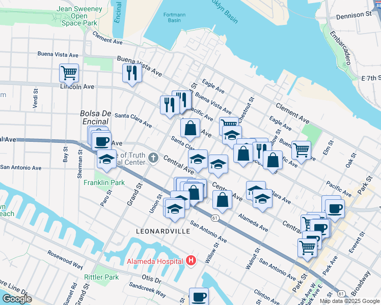 map of restaurants, bars, coffee shops, grocery stores, and more near 1808 Santa Clara Avenue in Alameda