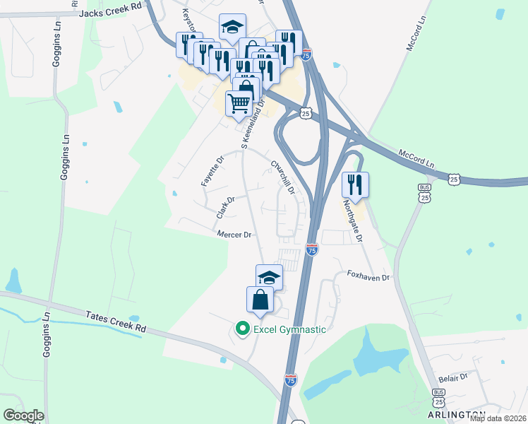 map of restaurants, bars, coffee shops, grocery stores, and more near 275 South Keeneland Drive in Richmond