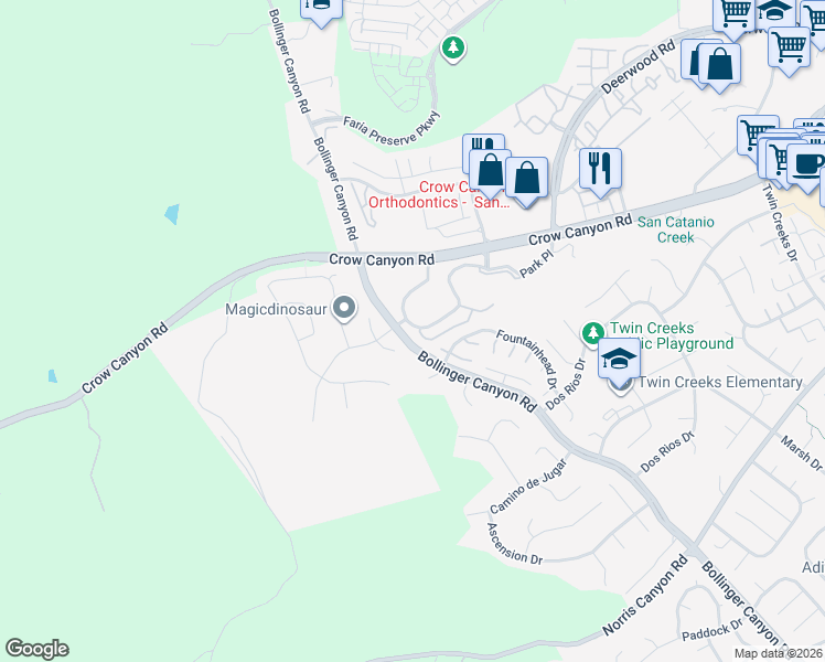 map of restaurants, bars, coffee shops, grocery stores, and more near 109 Enchanted Way in San Ramon