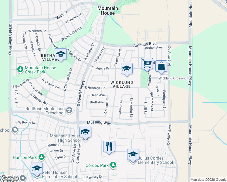 map of restaurants, bars, coffee shops, grocery stores, and more near 674 Traditions street in Mountain House