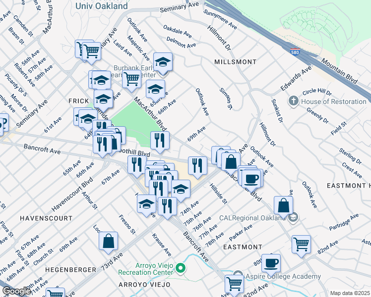 map of restaurants, bars, coffee shops, grocery stores, and more near 6939 MacArthur Boulevard in Oakland