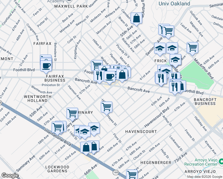 map of restaurants, bars, coffee shops, grocery stores, and more near 2451 60th Avenue in Oakland