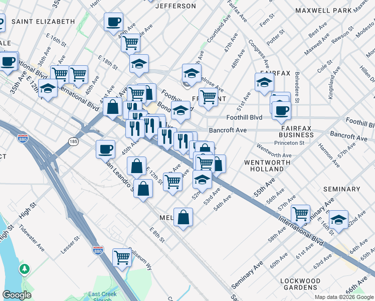 map of restaurants, bars, coffee shops, grocery stores, and more near 4800 International Boulevard in Oakland