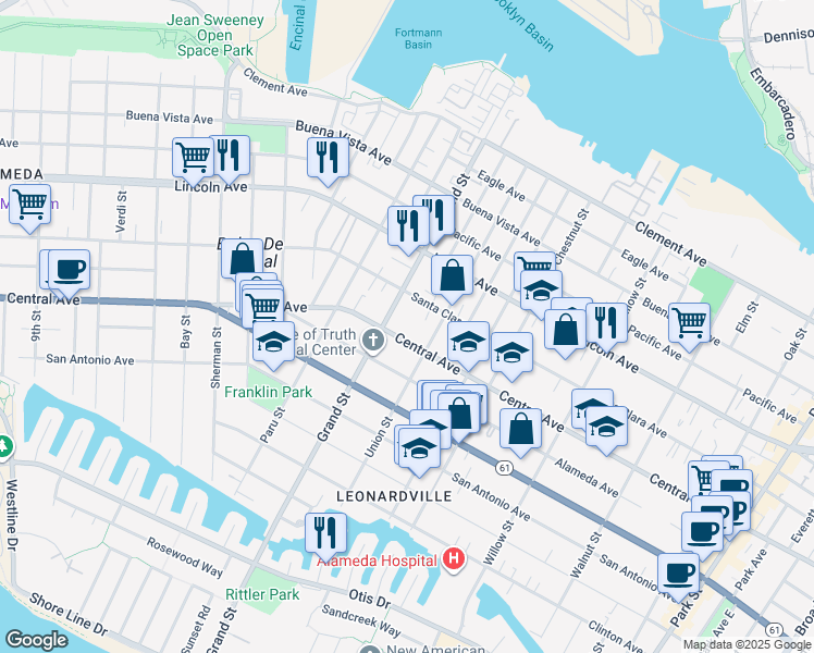 map of restaurants, bars, coffee shops, grocery stores, and more near 1728 Central Avenue in Alameda