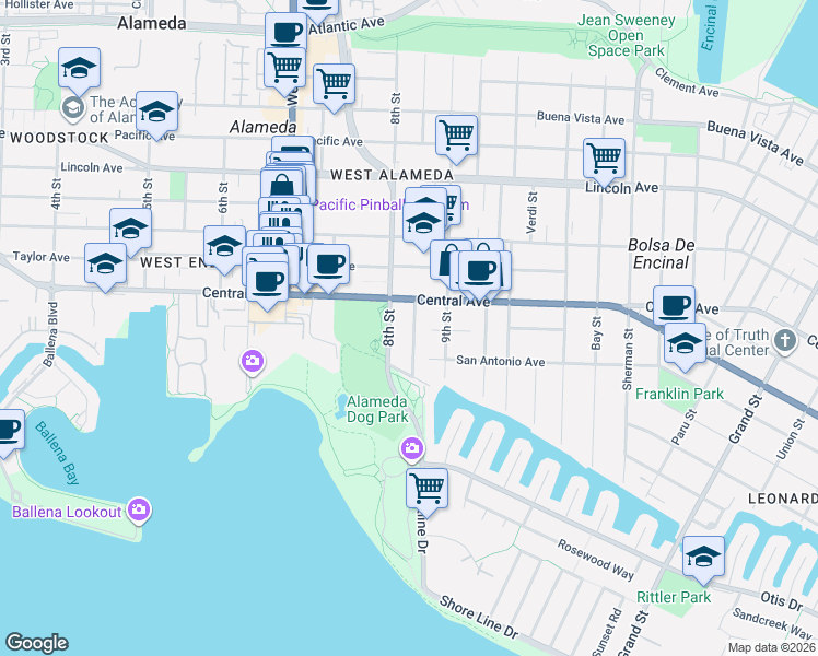 map of restaurants, bars, coffee shops, grocery stores, and more near 1322 8th Street in Alameda