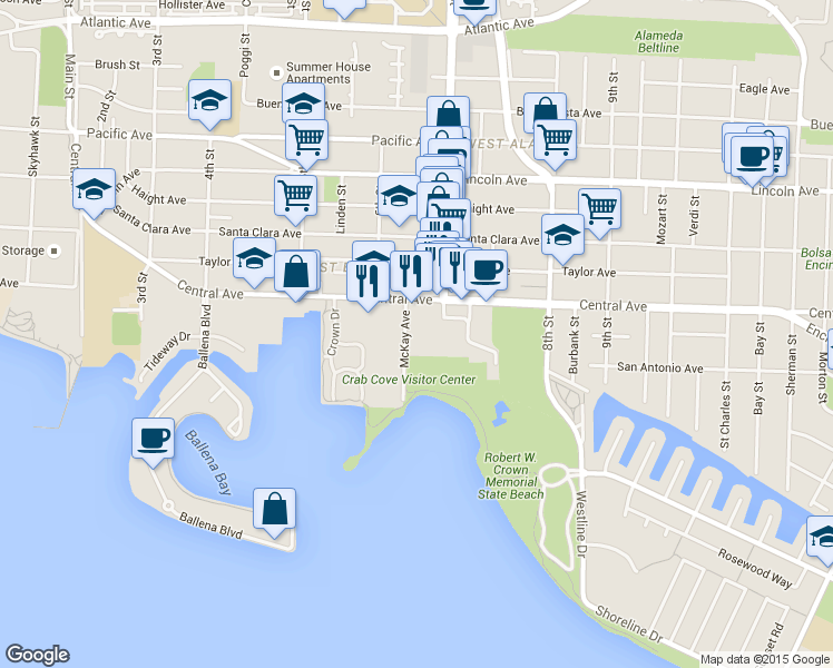 map of restaurants, bars, coffee shops, grocery stores, and more near 677 West Ranger Ave in Alameda