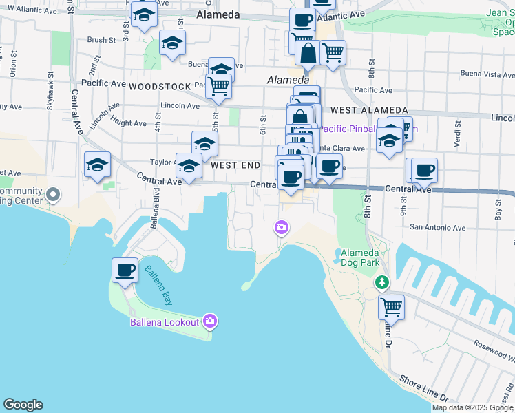 map of restaurants, bars, coffee shops, grocery stores, and more near 568 Queen's Road in Alameda