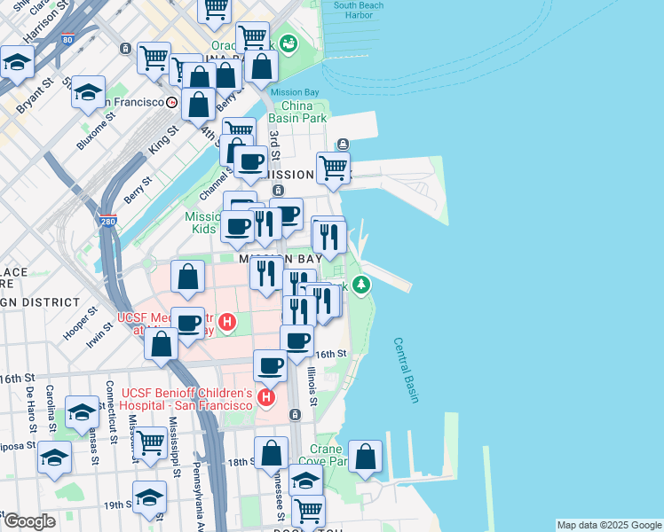 map of restaurants, bars, coffee shops, grocery stores, and more near 500 Terry A Francois Boulevard in San Francisco