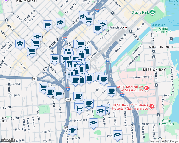 map of restaurants, bars, coffee shops, grocery stores, and more near 1 De Haro Street in San Francisco