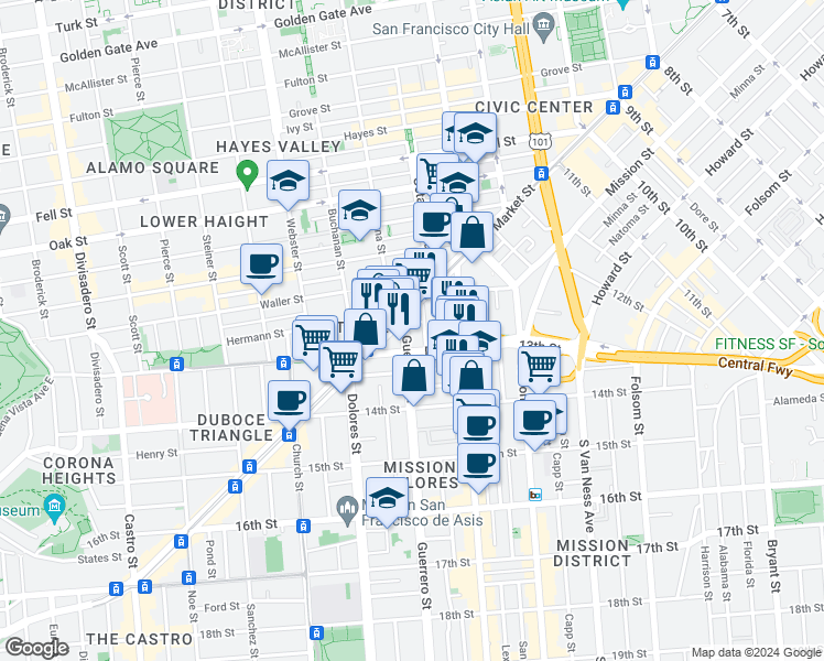 map of restaurants, bars, coffee shops, grocery stores, and more near in San Francisco