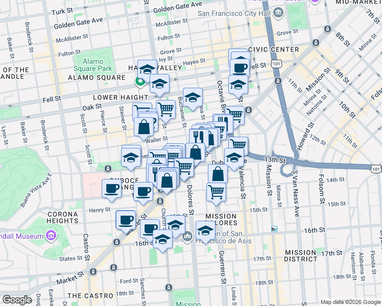 map of restaurants, bars, coffee shops, grocery stores, and more near 78 Buchanan Street in San Francisco